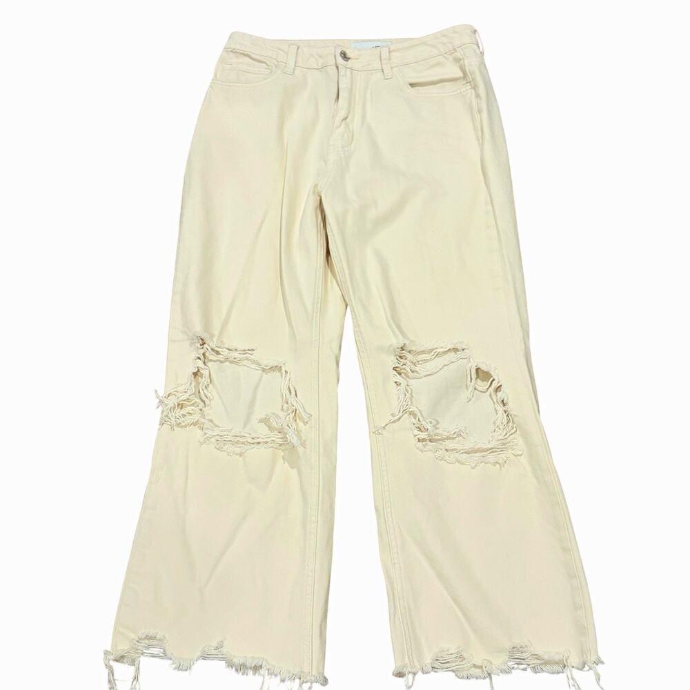 VERVET Women's Beige Denim Jeans Size 28 High Rise Wide-Leg Distressed Raw Hem